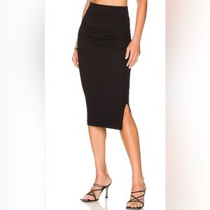 NWT Michael Stars Rae Ribbed Midi Skirt w/Slit Black Size Large Bodycon Ruching